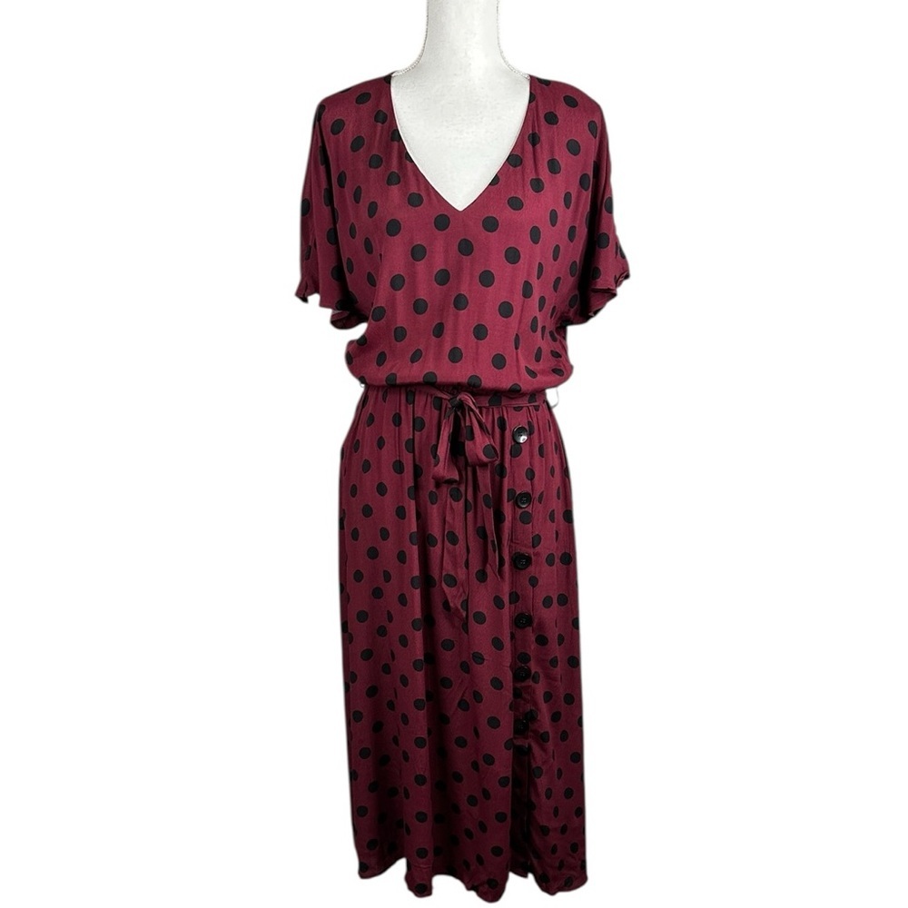 Mango Burgundy Black Polka Dot Mod Pinup Retro Button Maxi Dress Size 8 New! - Picture 2 of 11